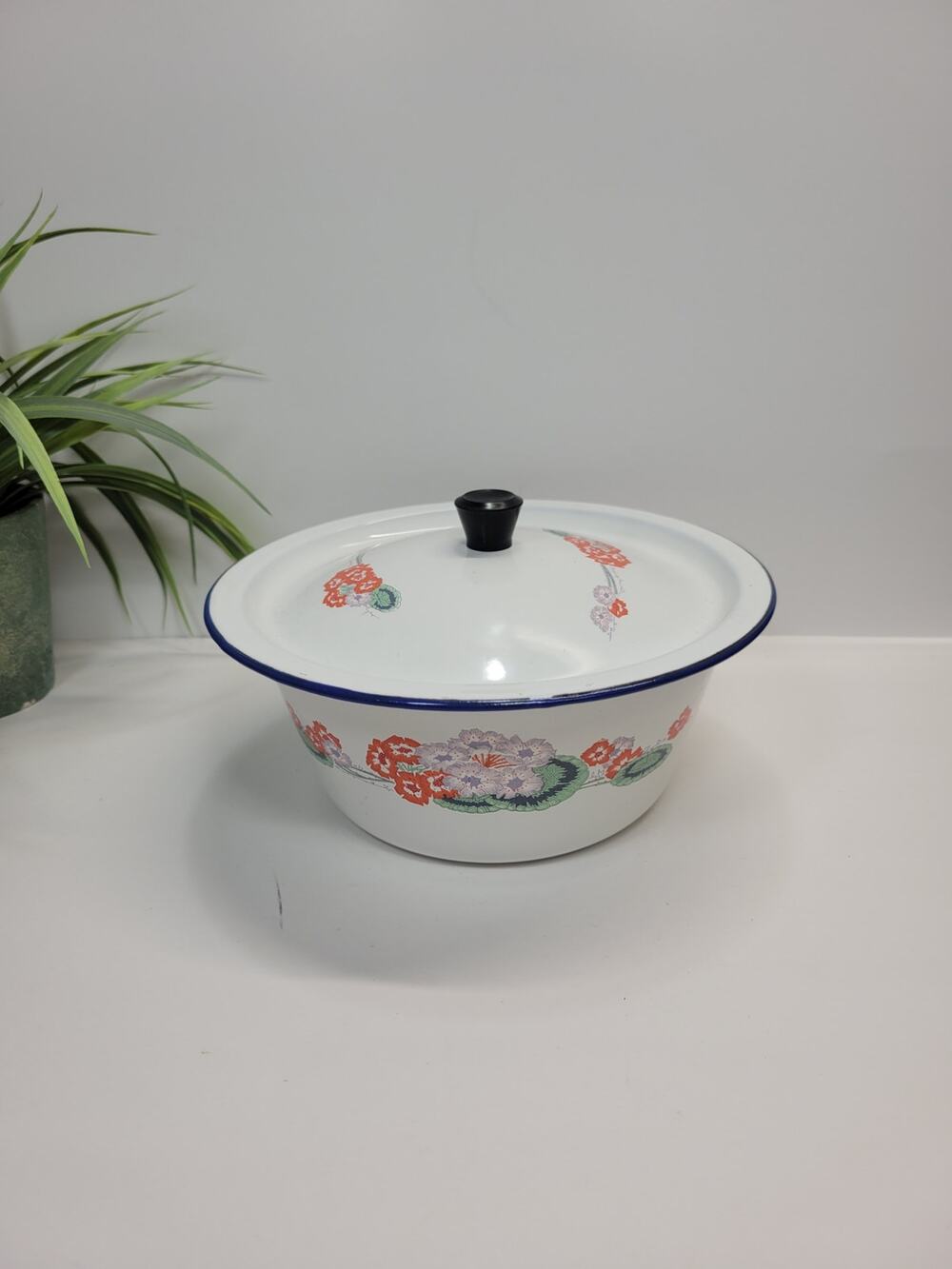 Vintage Chinese Floral Enamel Lidded Bowl Mid Century Enamelware Serving Dish
